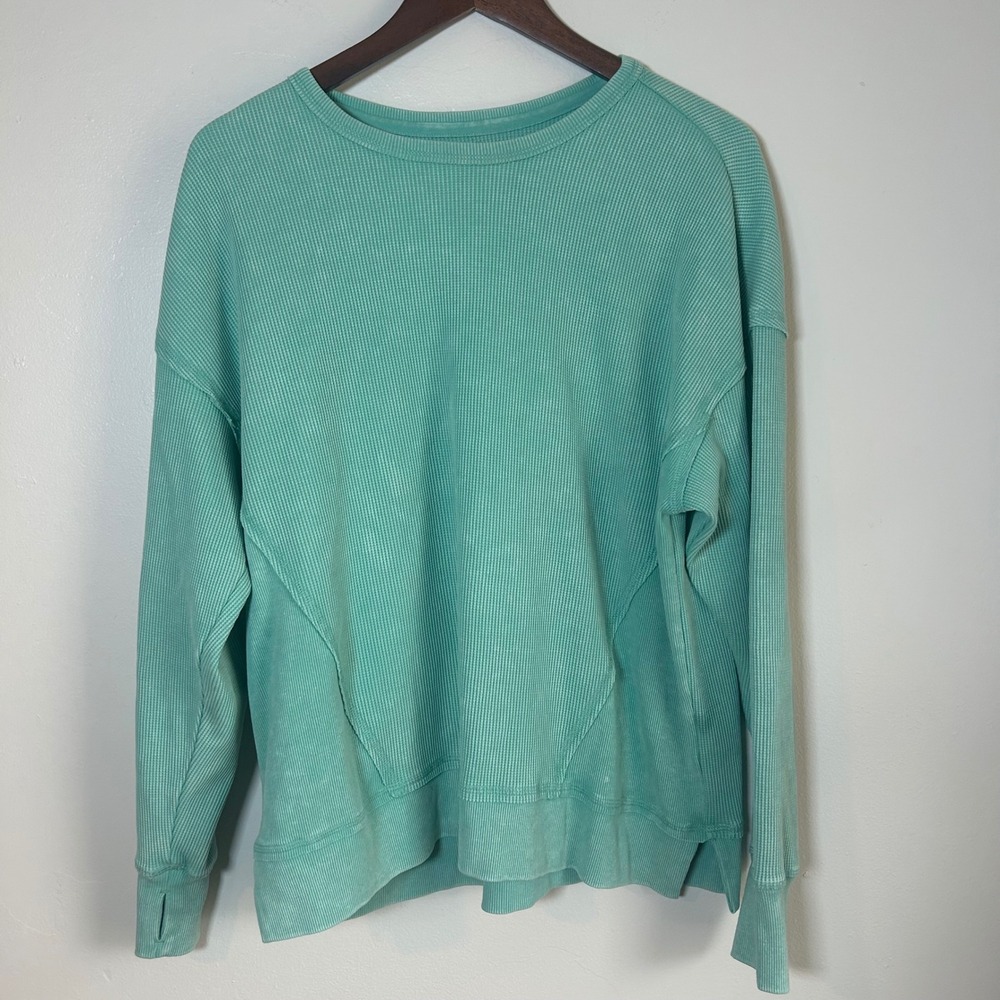 Seven7‎ Waffle Knit Pullover Women XL Mint Green Long Sleeve Thumbhole Top